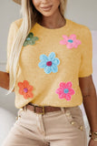 Flower Round Neck Short Sleeve Sweater