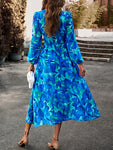 Printed V-Neck Long Sleeve Midi Dress