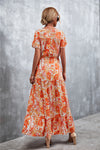 Floral Buttoned Drawstring Waist Tiered Flutter Sleeves Midi Dress