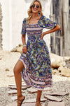 Bohemian Square Neck Short Sleeve Midi Dress